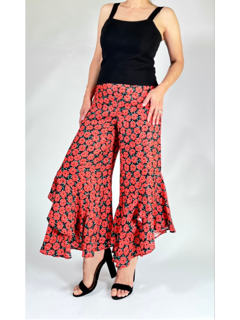 Anthropologie Womans Pants Red Floral Wide Leg Ruffke Pants Size 6 Viscose Cupro - Picture 4 of 10